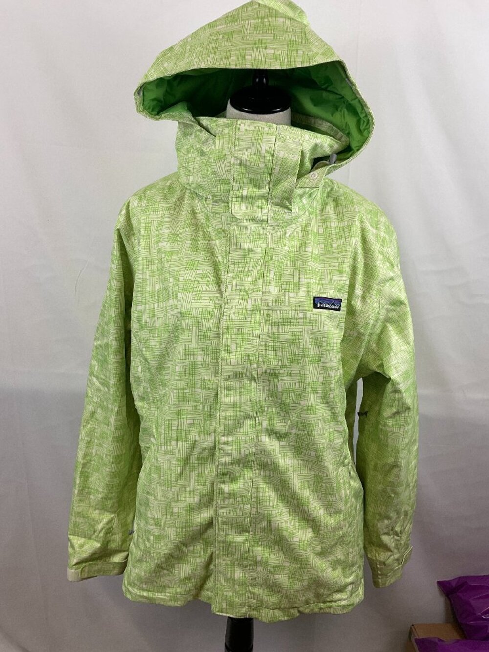 Patagonia Insulated Snowbelle Jacket Women's XL Green White Hatch Plaid Full Zip